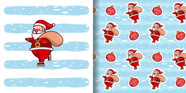 Рождественский Милый Мультфильм Санта Клауса Ледяным Коньком Голубым Ледяным Фоном — стоковый вектор
