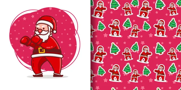 Christmas Cute Boxing Santa Cartoon Pattern Tree Pink Background Wrapping — стоковый вектор