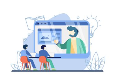Eğitici web semineri konsepti. Bilgisayarlı öğrenci ve konferans ekranda. Çevrimiçi dersler, çevrimiçi dersler, e-öğrenme, uzaktan eğitim, video dersi, iş webinar. vektör illüstrasyonu