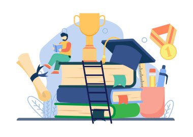 Eğitim bilgisi konsepti. Bir adam başarı için bir yığın kitabın üzerine oturur. Kitap festivali, E-Learning, Öğrenme kitabı, Kütüphane, Edebiyat, Uzaklık Eğitimi, Okuma kitabı. vektör illüstrasyonu