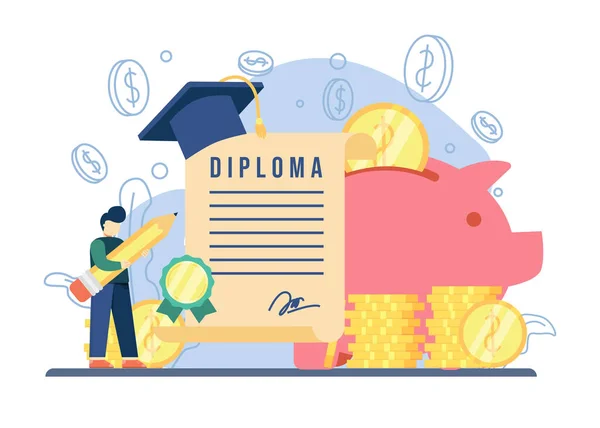 Concepto Beca Hombre Obtiene Una Beca Diploma Hucha Pila Monedas — Vector de stock