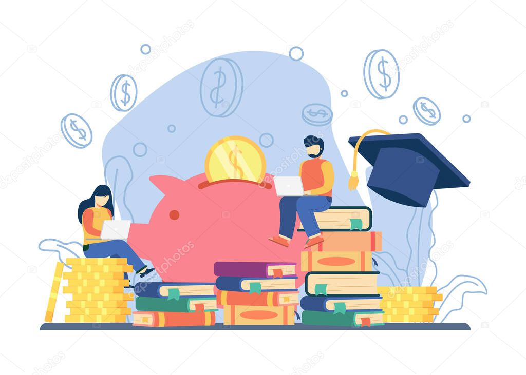 Investment in education. woman sit on stack of coins. a man sit on stack of books.nvestment in knowledge, student loans, scholarships.money,savings for study. vector illustration for web banner