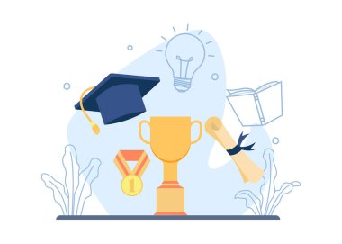 Ödül, mezuniyet şapkası ve mezuniyet rulosu. Başarı Eğitim ikonu konsepti. İniş sayfası, mobil uygulama, çıkartma, poster, makale ve afiş için uygun. vektör illüstrasyonu