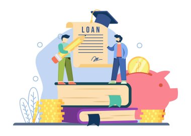 Öğrenci kredisi kavramı. Eğitim kağıdının imzası için elinde kocaman bir kalem tutan bir adam. Bilgiye yatırım, öğrenci kredileri, eğitim için tasarruf. vektör illüstrasyonu