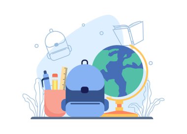 Okul konseptine geri dönelim. Çanta Okulu, kalem ve toprak küresi. Eğitim ve öğrenme ikonu. İniş sayfası, mobil uygulama, çıkartma, poster, makale ve afiş için uygun. vektör