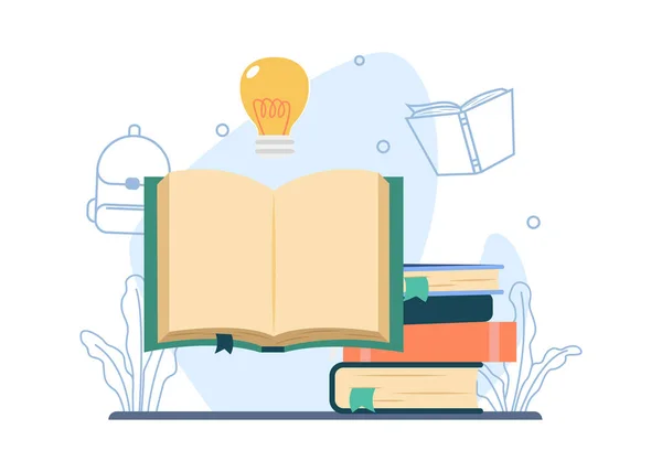 文学を学ぶ 開いている本は創造的な考えを得る 図書館 読書会 読書会 ランディングページやモバイルアプリステッカーバナーなどに適しています — ストックベクタ