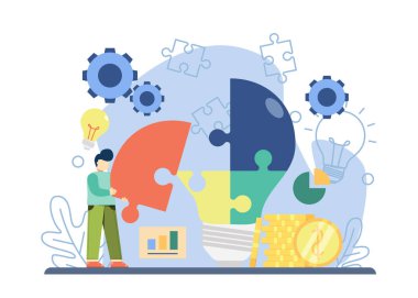 Karakter Bulmaca Parçalarını Topla ile iş çözümü. Problem çözme, fikir paylaşımı, yaratıcı fikir, çözümler bulma. İniş sayfası, web, mobil uygulamalar, afiş ve şablon için grafik tasarımı