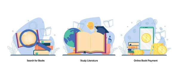 Buch Exploration Lesebuch Forschung Online Buchzahlungssymbole Gesetzt Suchbuch Studienliteratur Digitale — Stockvektor
