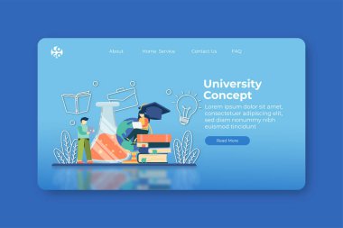 Modern Düz Tasarım Vektör Çizimi. Üniversite veya Kolaj İniş Sayfası ve Web Sancak Şablonu. Araştırma ve Öğrenim, Edebiyat, Çevrimiçi Eğitim, E-Öğrenim, Uzaklık Eğitimi Konsepti