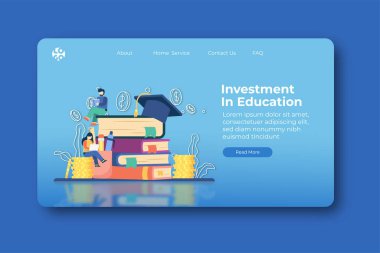 Modern Düz Tasarım Vektör Çizimi. Eğitim İniş Sayfası Yatırım ve Web Afiş Şablonu. Eğitim, burs, Öğrenci Kredisi, mezuniyet şapkası ve yığınla para..