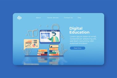 Modern Düz Tasarım Vektör Çizimi. Dijital Eğitim İniş Sayfası ve Web Afiş Şablonu. E-Öğrenme, Uzaklık Eğitimi, Her yerde Öğren, Evde Öğrenme, Çevrimiçi Öğretim, Giysi Konsepti.