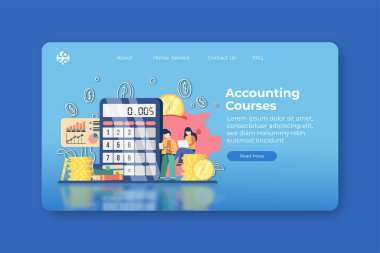 Modern düz tasarım vektör çizimi. Muhasebe Kursları İniş Sayfası ve Web Sancak Şablonu. Finans Eğitimi, Eğitim, Dijital Eğitim, Uzaklık Eğitimi, Muhasebe, Para Hesaplaması