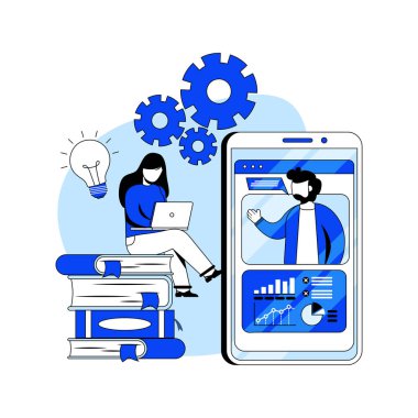 Çevrimiçi Webinar düz tasarım konsept vektör çizimi. Çevrimiçi Sınıflar, dijital eğitim, çevrimiçi kurslar, uzaktan eğitim. Soyut Metafor. İniş sayfası, mobil uygulama, UI, afişler için kullanılabilir