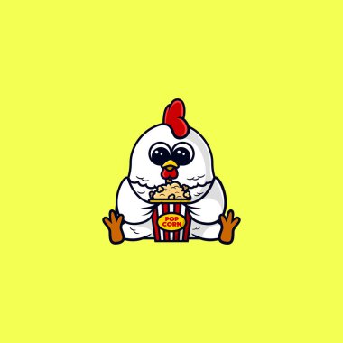 Şirin Tavuk Patlamış Mısır Yiyin. Şirin maskotluk logosu. İş logosu, şirket maskotu, kawaii karakteri Icon Illution. Tecrit edilmiş Premium Vector kavramı. Düz Çizgi Film Biçimi.