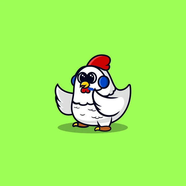 Pollo Carino Con Headphone Carino Logo Del Personaggio Della Mascotte — Vettoriale Stock