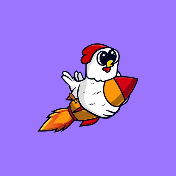 かわいい鶏はロケットで飛ぶかわいいマスコットキャラクターのロゴ ビジネスロゴ 会社のマスコット アイコンイラスト 平漫画風 — ストックベクタ