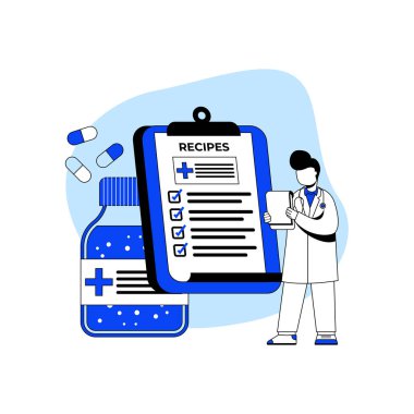 Tıp ve sağlık ikonu konsept vektör çizimi. İlaç reçeteli ilaç. Web, web sayfası, mobil uygulamalar, web pankartı için kullanılabilir. karakter çizgi filmi Illustration düz biçimi.
