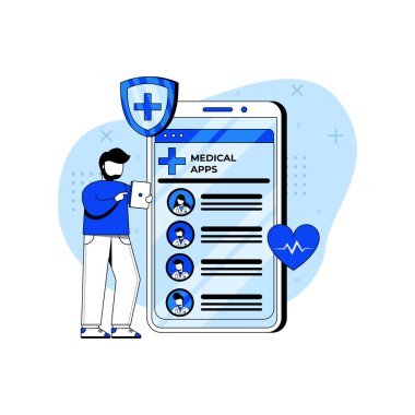 Çevrimiçi Doktor ikon vektör çizimi. Tıbbi uygulamadan doktor seçen bir adam. Online check-up. Anasayfa için kullanılabilir, mobil uygulamalar için. karakter çizgi filmi Illustration düz biçimi.