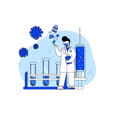 Virüs önleme ikonu konsept vektör çizimi. Virüsle savaşmak için aşı araştırması. Aşı, bireysel sağlık testi, tıbbi laboratuvar. karakter çizgi filmi Illustration düz biçimi.