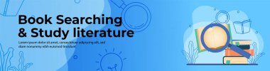 Book Searching and study literature Web Banner Design. Open book with stacking of book and magnifying glass. Education, Reading Book, Library header or footer banner.