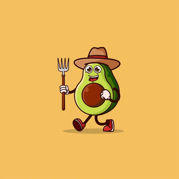 Cute Avocado Farmer Character Pitchfork Fruit Character Icon Concept Isolated — Stock vektor