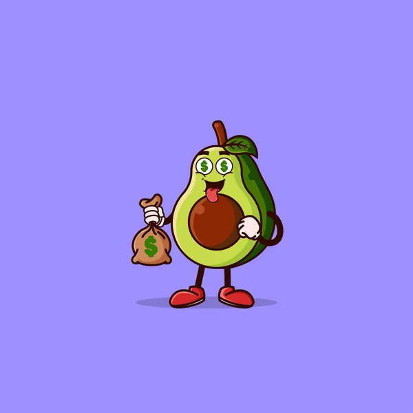 Cute Avocado Character Money Eyes Holding Money Bag Fruit Character — Stockový vektor