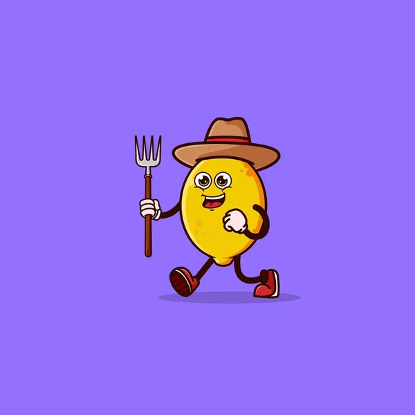 Cute Lemon Farmer Character Pitchfork Fruit Character Icon Concept Isolated — Vector de stock