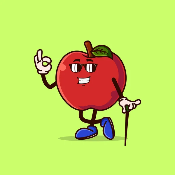 Cute Apple Character Cool Gesture Eyeglass Fruit Character Icon Concept —  Vetores de Stock