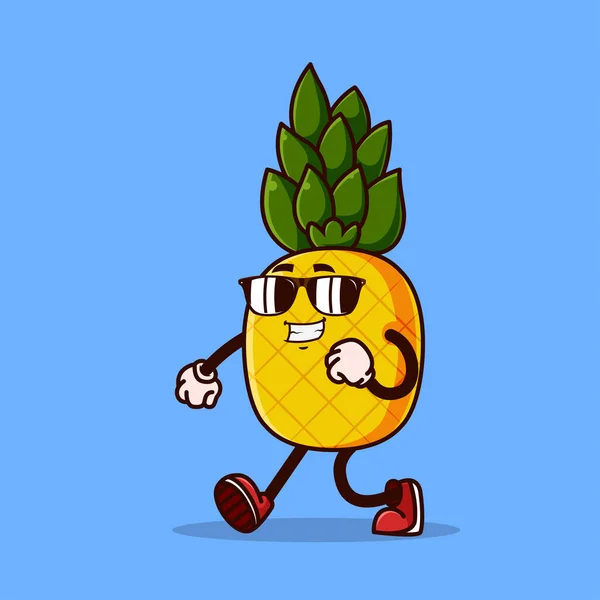 Cute Pineapple Character Walking Eyeglass Fruit Character Icon Concept Isolated — Stock vektor