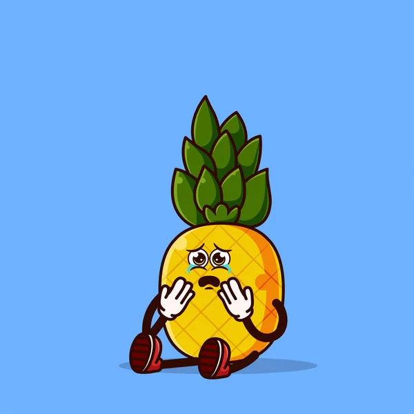 Cute Pineapple Character Sitting Crying Fruit Character Icon Concept Isolated — Vettoriale Stock