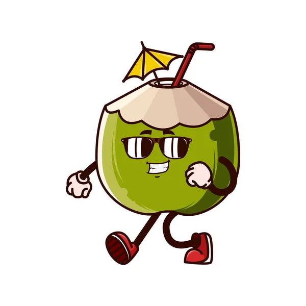 Personagem Coco Bonito Andando Com Óculos Conceito Ícone Caráter Fruta —  Vetores de Stock