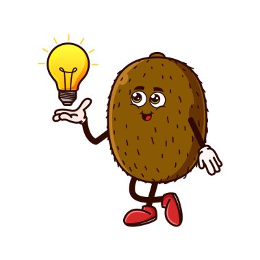 Cute Kiwi Fruit character with light bulb Idea on hand. Fruit character icon concept isolated. Emoji Sticker. flat cartoon style Vector