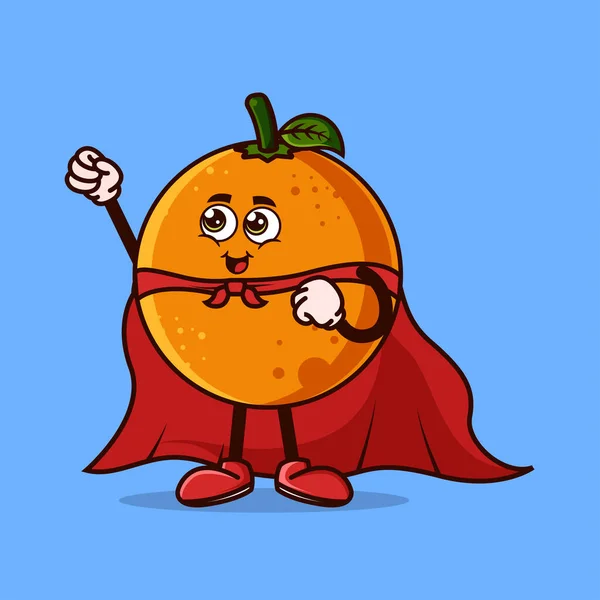 Nette Orange Frucht Charakter Mit Superhelden Kostüm Und Versuchen Fliegen — Stockvektor