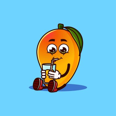 Mango suyuyla oturan sevimli mango meyvesi karakteri. Meyve karakter ikonu kavramı izole edildi. Emoji Çıkartması. düz çizgi film biçimi Vektörü