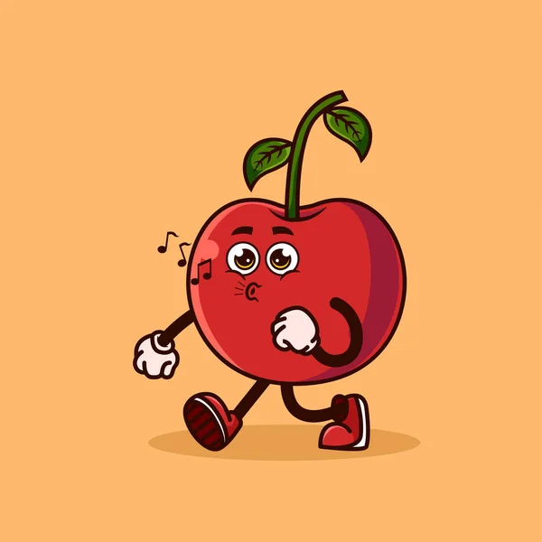 Aranyos Cseresznye Gyümölcs Karakter Séta Boldog Arcát Gyümölcs Karakter Ikon — Stock Vector
