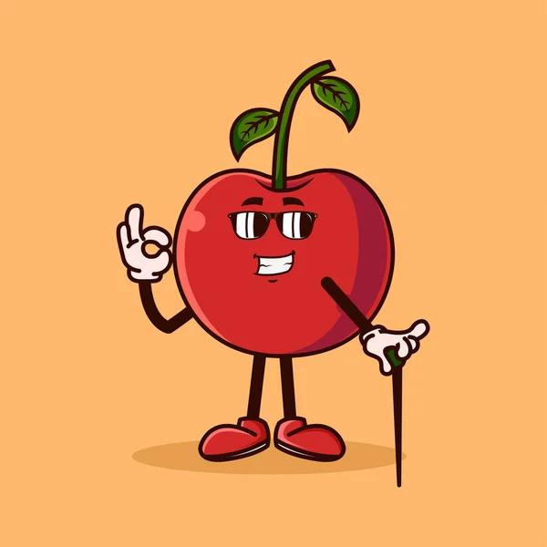 Aranyos Cseresznye Gyümölcs Karakter Szem Üveg Kéz Gesztus Gyümölcs Karakter — Stock Vector
