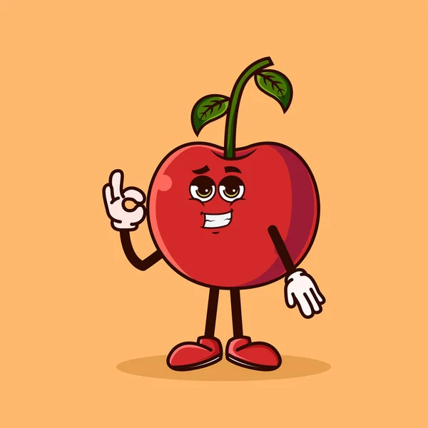 Aranyos Cseresznye Gyümölcs Karakter Hűvös Emoji Mutatják Gesztus Gyümölcs Karakter — Stock Vector