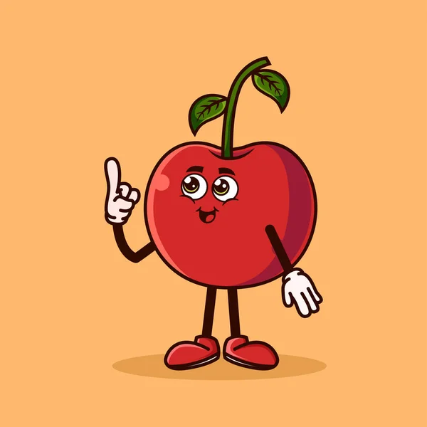 Cute Cherry Fruit Character Happy Face Gesture Pointing Fruit Character — Stock Vector