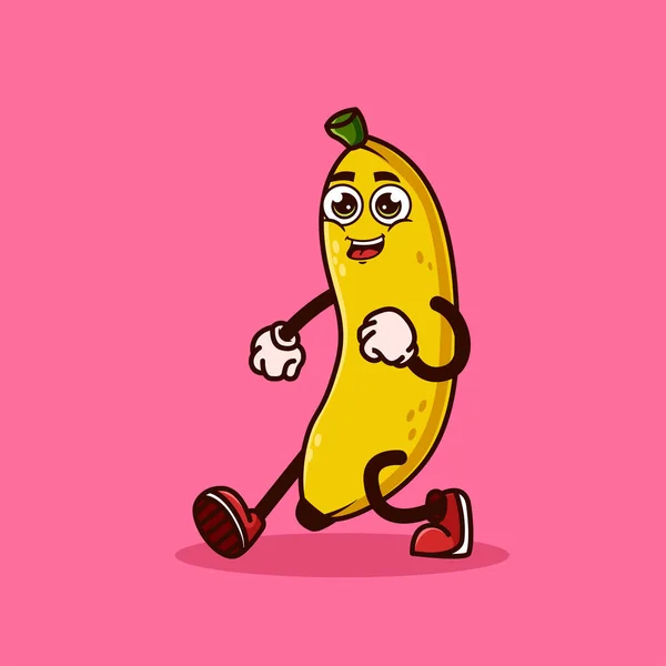 可爱的香蕉果味带着快乐的面容走着 水果字符图标概念孤立 平面卡通风格的超级向量 — 图库矢量图片