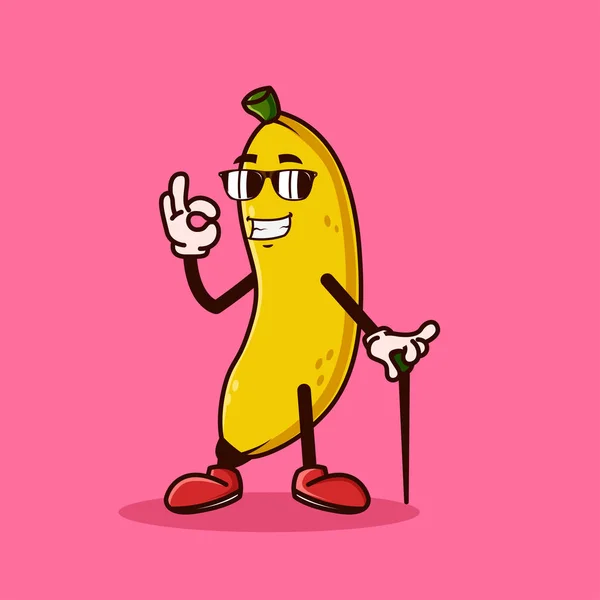 可爱的香蕉水果的特点与眼睛玻璃和好手势 水果字符图标概念孤立 平面卡通风格的超级向量 — 图库矢量图片