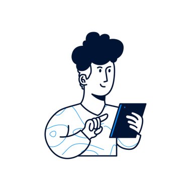 A man hold tablet. trendy vector illustration style