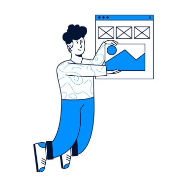 Designing Developing and programming concept, A man designing web. trendy vector illustration style.Perfect for web design, banner, mobile app, landing page