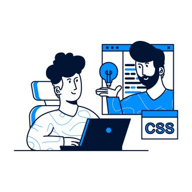 Designing Developing and programming concept. A man discuss project and get inspiration development program from colleague. trendy vector illustration style.