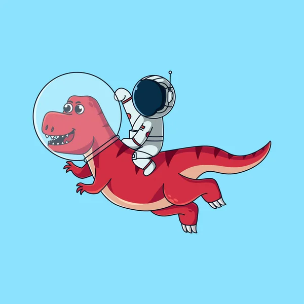 Astronauta Bonito Voar Para Lua Com Dinossauro Bonito Mascote Cartoon —  Vetores de Stock