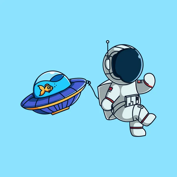 Cute Astronaut Walk Pet Fish Ufo Space Cute Mascot Cartoon — Stock vektor