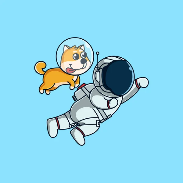 かわいい柴犬と宇宙飛行士は月に飛ぶ かわいいマスコット漫画のベクトルイラスト 平漫画風 — ストックベクタ