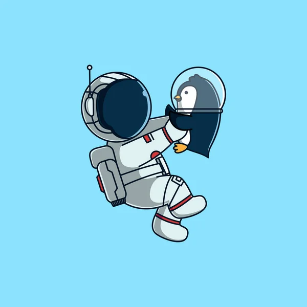 かわいい宇宙飛行士は飛ぶとペンギン抱擁 かわいいマスコット漫画のベクトルイラスト 平漫画風 — ストックベクタ