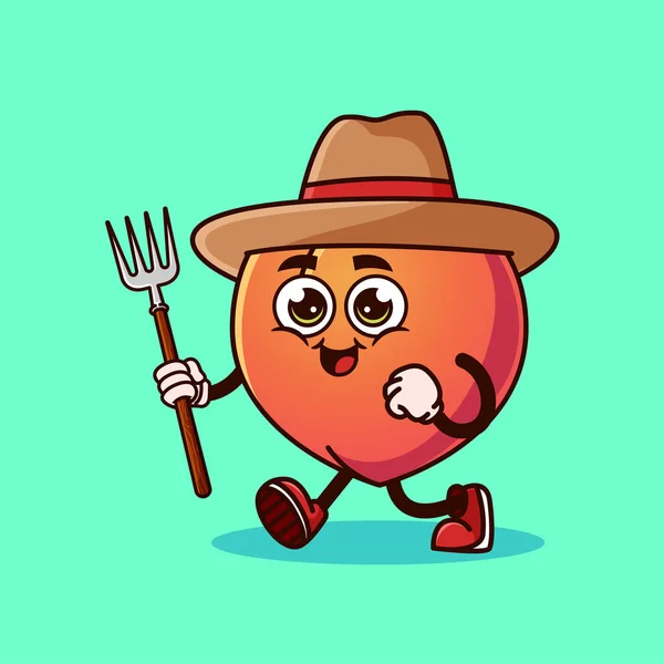 Cute Peach Fruit Farmer Character Pitchfork Fruit Character Icon Concept — Stock vektor