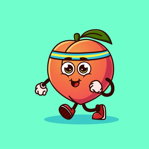 Cute Peach Fruit Character Jogging Fruit Character Icon Concept Isolated — Stock Vector