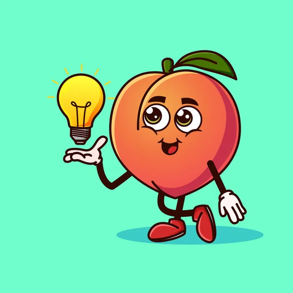 Cute Peach Fruit Character Light Bulb Idea Hand Fruit Character — Stock vektor